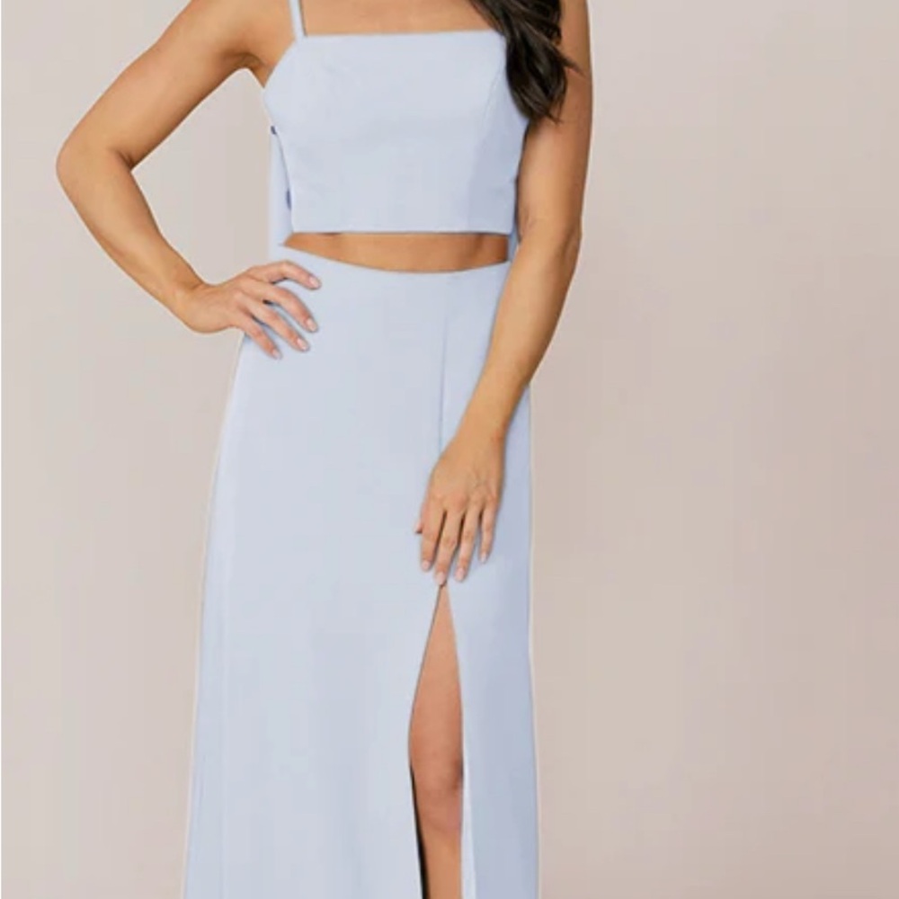 Revelry Sky Blue Two-Piece Bridesmaid Dress with Slit